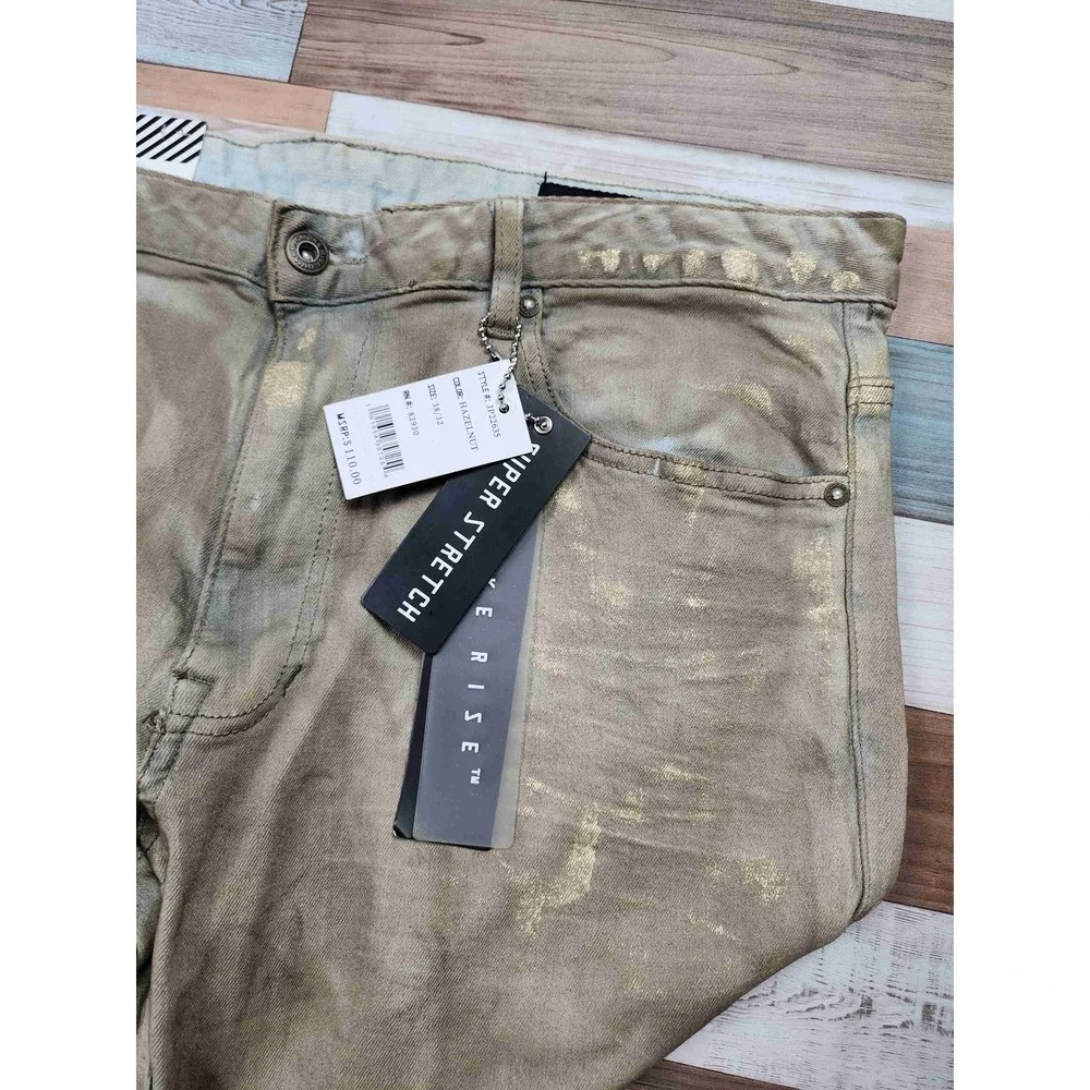 NWT Smoke Rise Gold Metallic‎ 5 Pocket Distressed Slim Fit Jeans Size 38x32